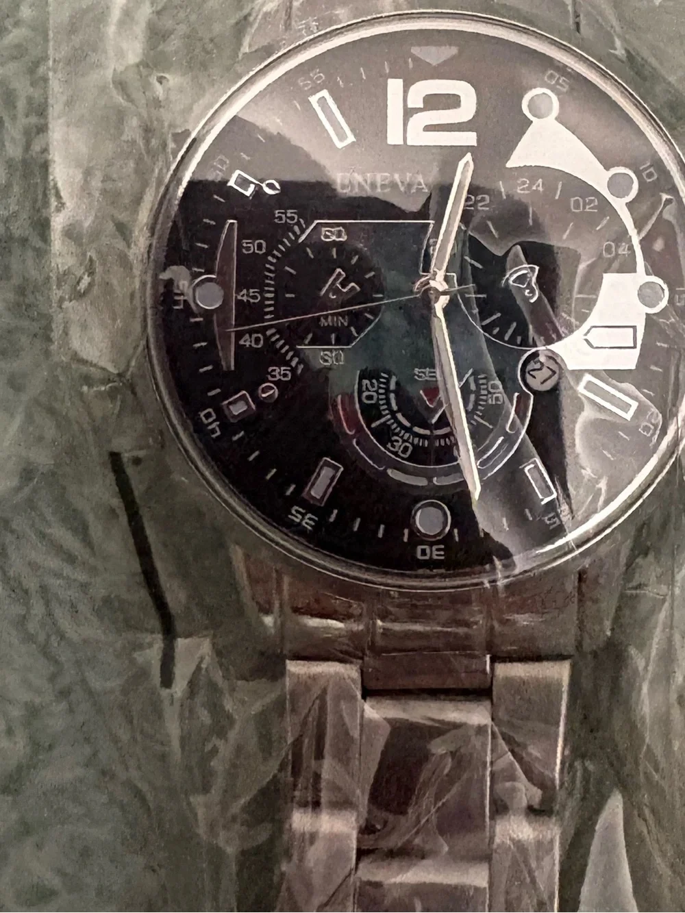 NEW- classic masculine Men's Silver Stainless Steel Watch - Black triple Dial